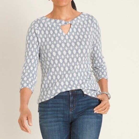 Chicos Top Large Supima Cotton Convertible Geometric Twist-Neck Tee Beachy Soft - Picture 1 of 11